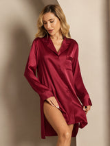 [Wine] SilkSilky  Long Sleeve Lapel Collar Nightshirt 001