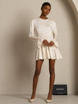 Cream silk A-line dress with long ruffle sleeves and flouncy short hem