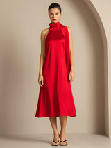 Red sleeveless tie neck midi silk dress with straight fit
