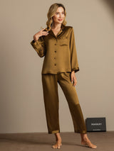 [Brown] SilkSilky  Long Sleeve Lapel Collar Women's Pajamas 005