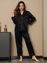 [Black] SilkSilky  Long Sleeve Lapel Collar Women's Pajamas 003