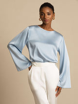 [Grayish Blue] SilkSilky  Long Sleeve Boat Neck Women's Blouse 003