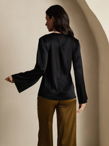 [Black] SilkSilky  Long Sleeve Boat Neck Women's Blouse 002