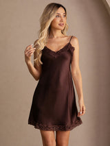[Brown] SilkSilky  Spaghetti Strap V Neck Nightgown 006