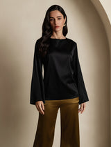 [Black] SilkSilky  Long Sleeve Boat Neck Women's Blouse 003