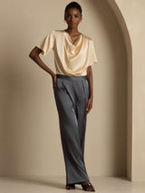 [Champagne] SilkSilky  Short Sleeve Cowl Neck Women's Blouse 008