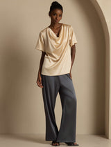 [Champagne] SilkSilky  Short Sleeve Cowl Neck Women's Blouse 006