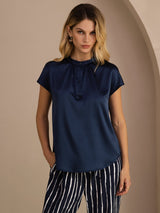 [Dark Blue] SilkSilky  Short Sleeve Split Women's Blouse 003