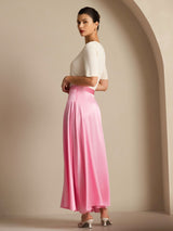 Model wearing pink silk A-line maxi skirt with lining and white top
