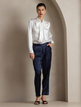 [White] SilkSilky  Long Sleeve Tie Neck Women's Blouse 004
