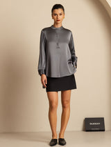[Dark Gray] SilkSilky  Long Sleeve Stand Collar Women's Blouse 006