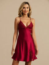 [Wine] SilkSilky  Spaghetti Strap Deep V Neck Nightgown 004