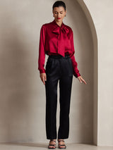 [Wine] SilkSilky  Long Sleeve Tie Neck Women's Blouse 005