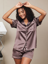 [Coffee] SilkSilky  Short Sleeve Lapel Collar Women's Pajamas 002
