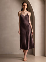 [Coffee] SilkSilky  Spaghetti Strap V Neck Dress 004