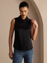 [Black] SilkSilky  Sleeveless Lapel Collar Women's Shirts 005