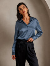 [Real Teal] SilkSilky  Long Sleeve Lapel Collar Women's Shirts 003