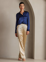 [Dark Blue] SilkSilky  Long Sleeve Lapel Collar Women's Shirts 003