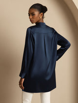 [Dark Blue] SilkSilky  Long Sleeve Stand Collar Women's Blouse 002