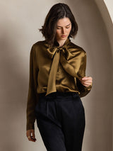 [Brown] SilkSilky  Long Sleeve Tie Neck Women's Blouse 004