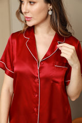 [Wine] SilkSilky  Short Sleeve Lapel Collar Women's Pajamas 008