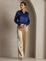 [Dark Blue] SilkSilky  Long Sleeve Lapel Collar Women's Shirts 006