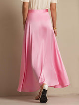 Pink silk A-line maxi skirt with lining, shown on model