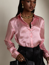 [Pink Stripe] SilkSilky  Long Sleeve Lapel Collar Women's Shirts 004