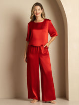 [Wine] SilkSilky  Half Sleeve Round Neck Women's Pajamas 003