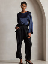 [Dark Blue] SilkSilky  Long Sleeve Boat Neck Women's Blouse 007