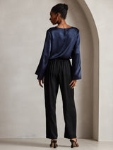 [Dark Blue] SilkSilky  Long Sleeve Boat Neck Women's Blouse 002