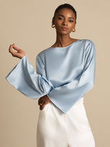 [Grayish Blue] SilkSilky  Long Sleeve Boat Neck Women's Blouse 004