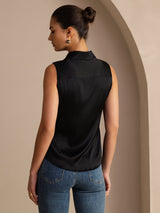 [Black] SilkSilky  Sleeveless Lapel Collar Women's Shirts 002