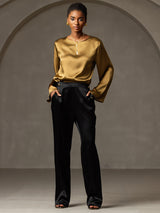 [Brown] SilkSilky  Long Sleeve Boat Neck Women's Blouse 008