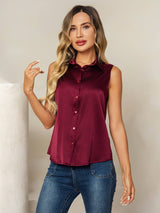 [Dark Red] SilkSilky  Sleeveless Lapel Collar Women's Shirts 001