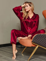 [Wine] SilkSilky  Long Sleeve Lapel Collar Women's Pajamas 007