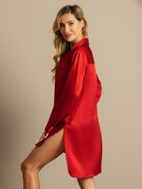 [Red] SilkSilky  Long Sleeve Lapel Collar Nightshirt 002
