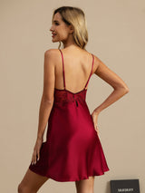 [Wine] SilkSilky  Spaghetti Strap Deep V Neck Nightgown 002