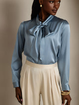 [Grayish Blue] SilkSilky  Long Sleeve Tie Neck Women's Blouse 006