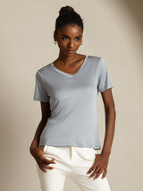Light blue silk V-neck short-sleeve women's T-shirt with slim fit