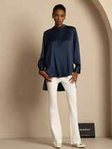 [Dark Blue] SilkSilky  Long Sleeve Stand Collar Women's Blouse 008