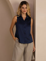 [Dark Blue] SilkSilky  Sleeveless Lapel Collar Women's Shirts 001