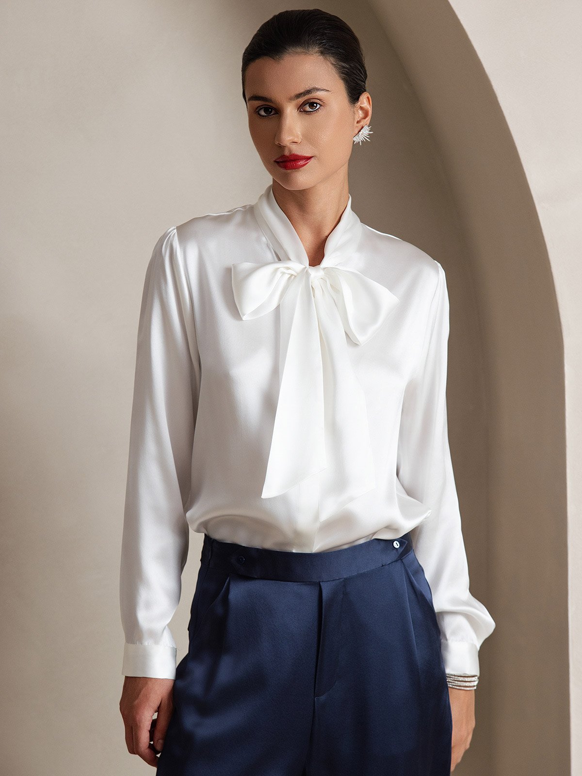 [White] SilkSilky  Long Sleeve Tie Neck Women's Blouse 001