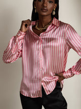 [Pink Stripe] SilkSilky  Long Sleeve Lapel Collar Women's Shirts 003