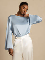 [Grayish Blue] SilkSilky  Long Sleeve Boat Neck Women's Blouse 001