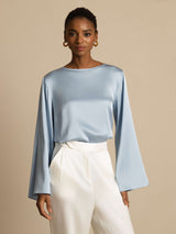 [Grayish Blue] SilkSilky  Long Sleeve Boat Neck Women's Blouse 006