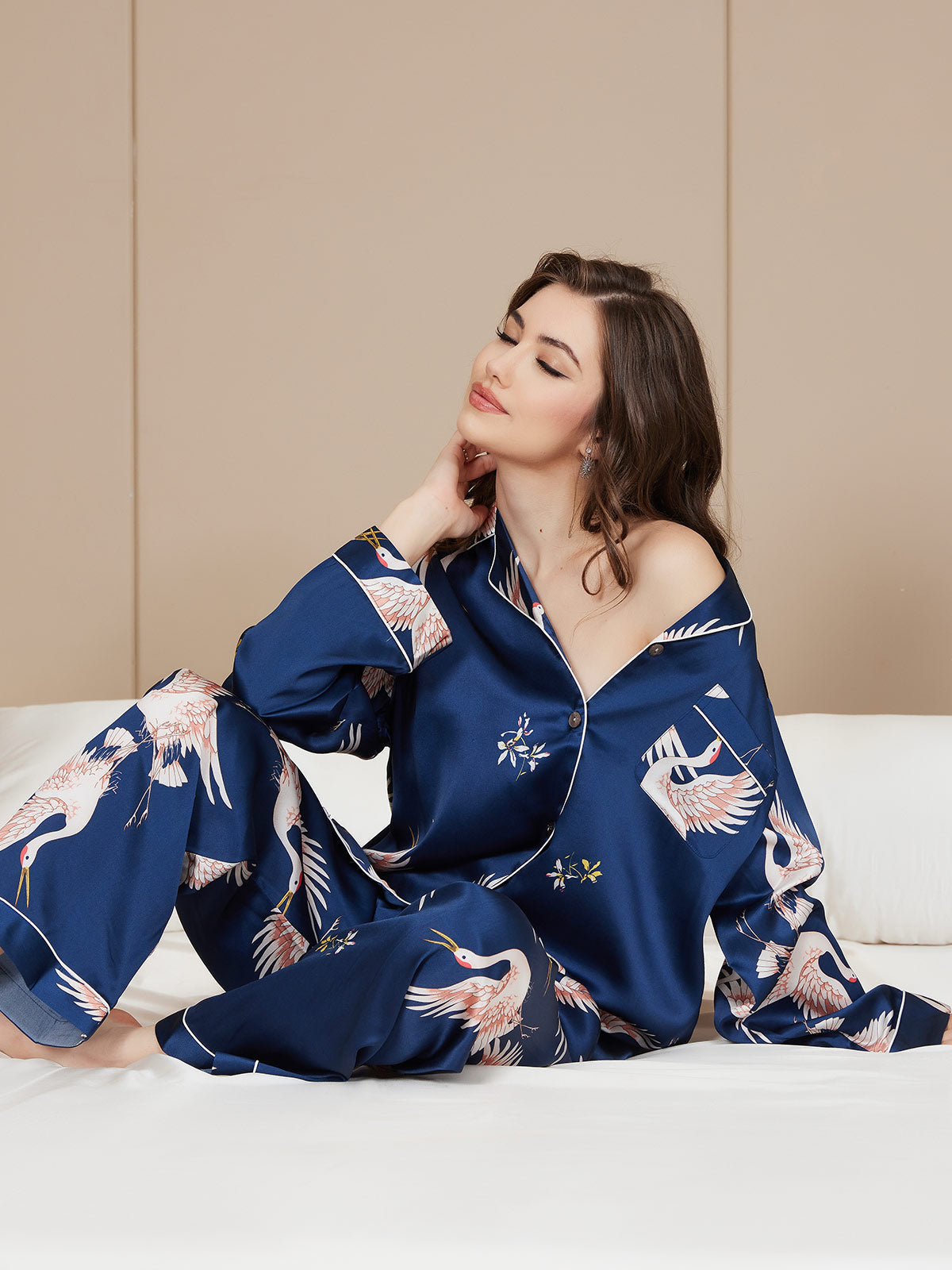 [Dark Blue] SilkSilky  Long Sleeve Lapel Collar Women's Pajamas 001