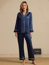 [Dark Blue] SilkSilky  Long Sleeve Lapel Collar Women's Pajamas 001