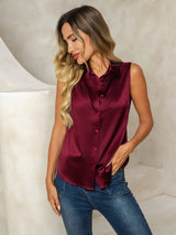 [Dark Red] SilkSilky  Sleeveless Lapel Collar Women's Shirts 005