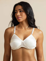 White pure silk bra with adjustable straps and delicate front bow on model